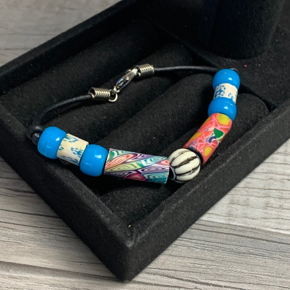 Handmade Millefiori Polymer Clay Bead Black Cord Bracelet Multi Color 6 Inch